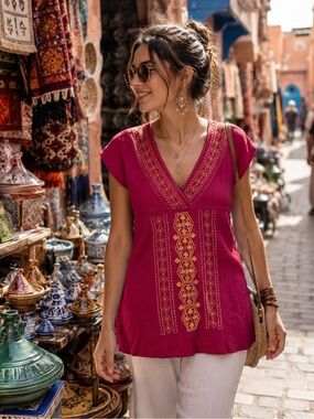 Women's Super Chill Flying Tomato Bohemian Embroidered V-Neck Tunic - Size L